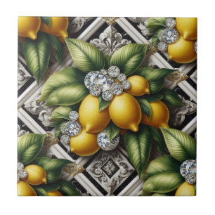 Azulejo Patrón continuo arte deco limones y diamantes B&W
