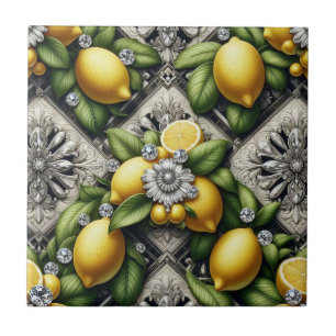 Azulejo Patrón continuo arte deco limones y diamantes B&W