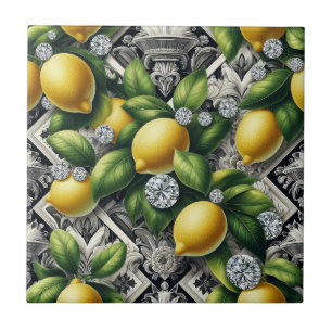Azulejo Patrón continuo arte deco limones y diamantes B&W