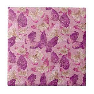 Azulejo Patrón continuo de mariposa brillo rosa
