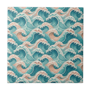 Azulejo Patrón continuo de olas del océano japonés en verd