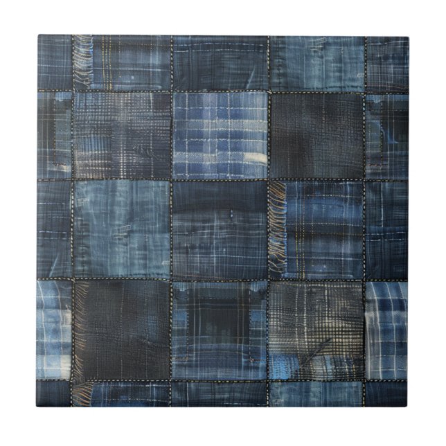 Azulejo Patrón continuo de patchwork de mezclilla índigo (Frente)