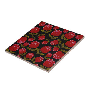 Azulejo Patrón continuo de rosas rojas sobre fondo negro