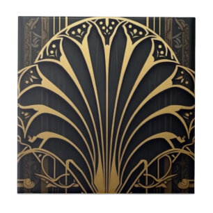 Azulejo patrón de abanico Art Déco negro y dorado