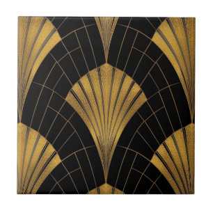Azulejo patrón de abanico Art Déco negro y dorado