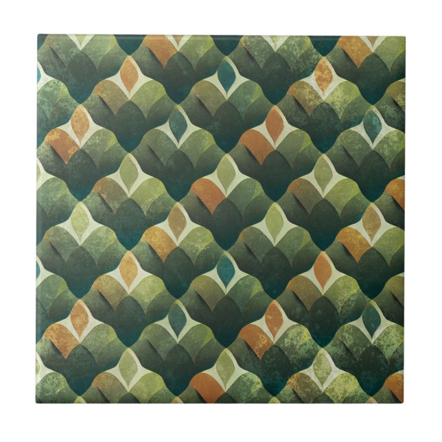 Azulejo Patrón de abanico Art Déco verde terroso (Frente)