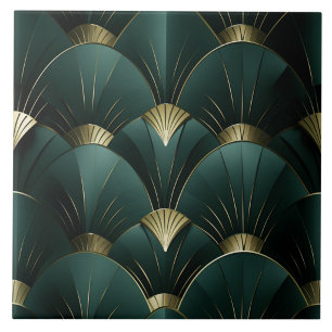 Azulejo Patrón de abanico Art Déco verde y dorado