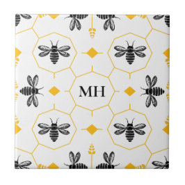 Azulejo Patrón de abeja amarillo moderno Monograma negro e