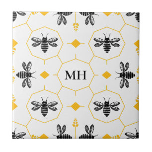 Azulejo Patrón de abeja amarillo moderno Monograma negro e