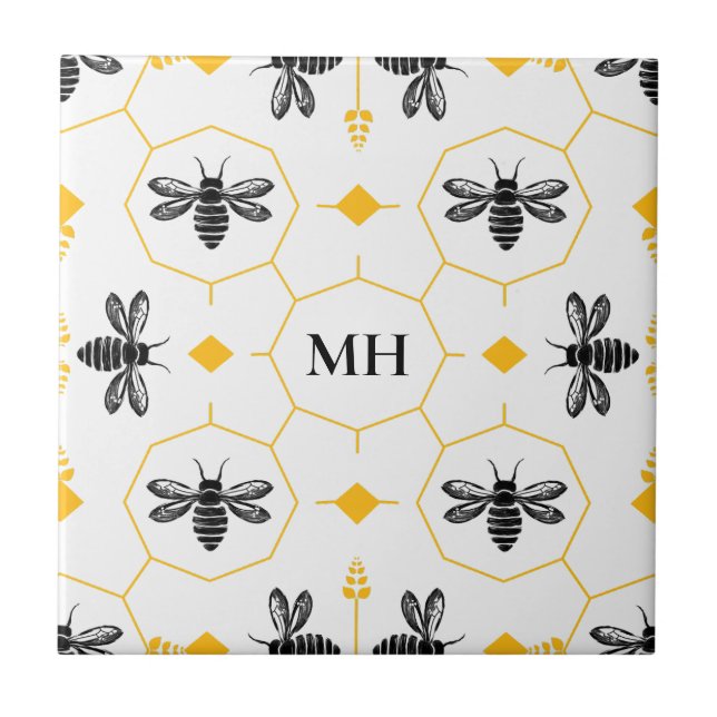 Azulejo Patrón de abeja amarillo moderno Monograma negro e (Frente)