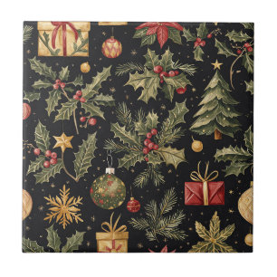 Azulejo Patrón de acebo rojo de oro negro de Navidad