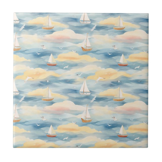 Azulejo Patrón de acuarela de barcos de vela soñadores (2) (Frente)