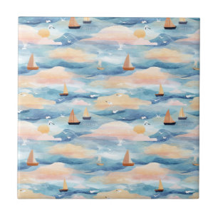 Azulejo Patrón de acuarela de barcos de vela soñadores (5)