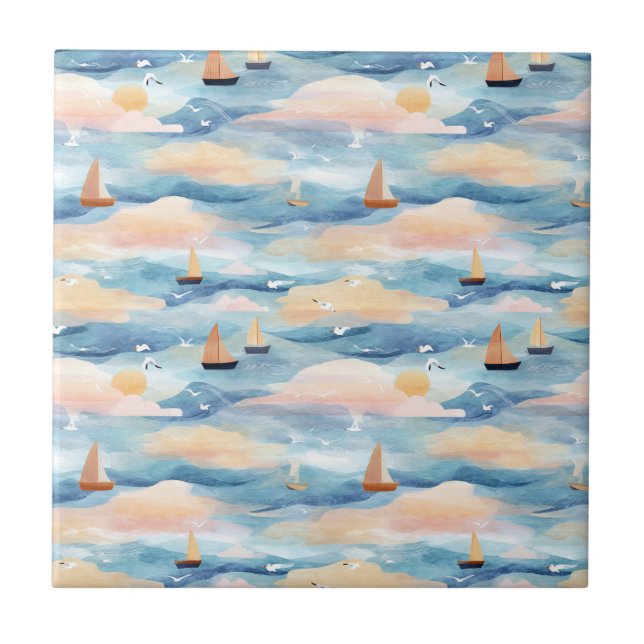 Azulejo Patrón de acuarela de barcos de vela soñadores (5) (Frente)