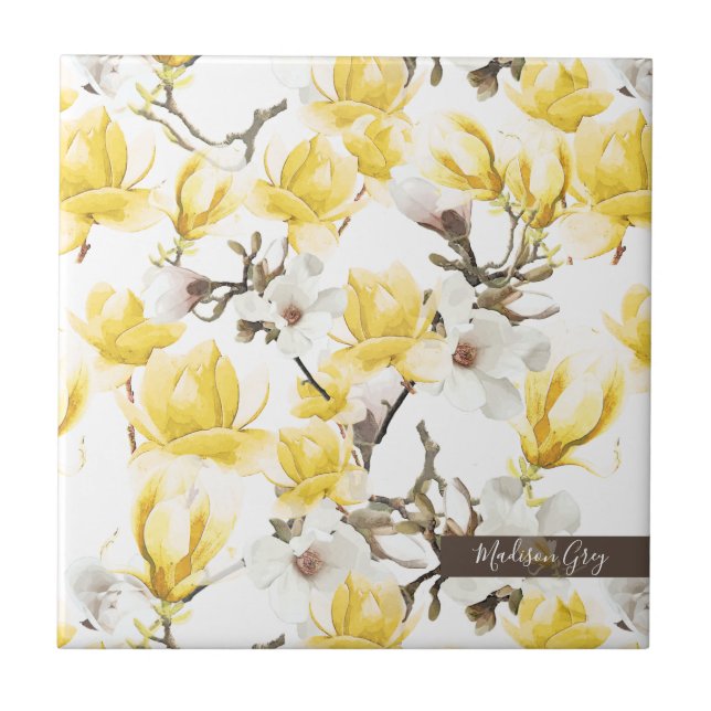 Azulejo Patrón de acuarela de color mánolia amarillo y bla (Frente)