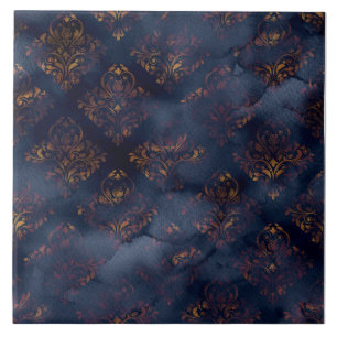 Azulejo Patrón de acuarela de damasco de cobre patina