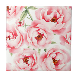 Azulejo Patrón de acuarela de flores de peonía rosadas
