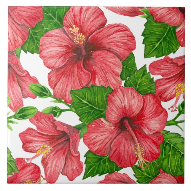 Azulejo Patrón de acuarela de hibiscos rojos (Frente)