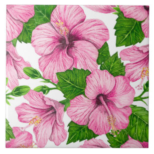Azulejo Patrón de acuarela de hibiscos rosados