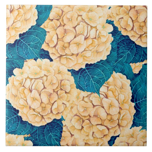 Azulejo Patrón de acuarela de hidrangea, amarillo y azul (Frente)