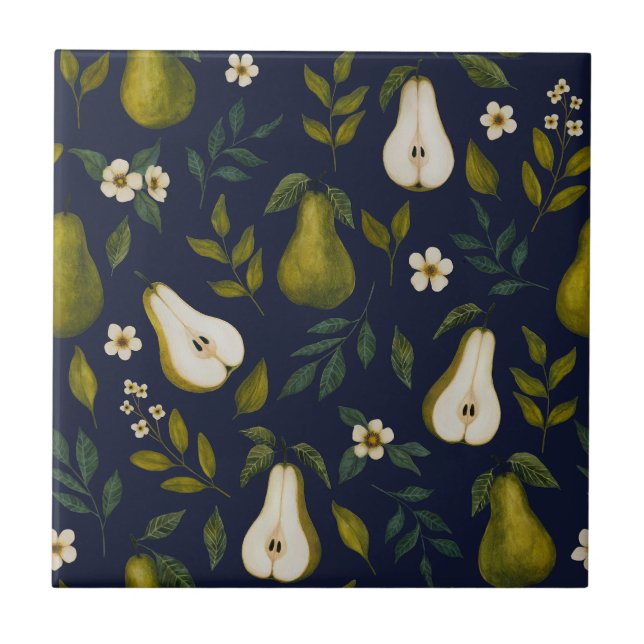 Azulejo Patrón de Acuarela de Pera Verde sobre Azul Oscuro (Frente)