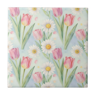 Azulejo Patrón de acuarela de primavera con tulipanes rosa
