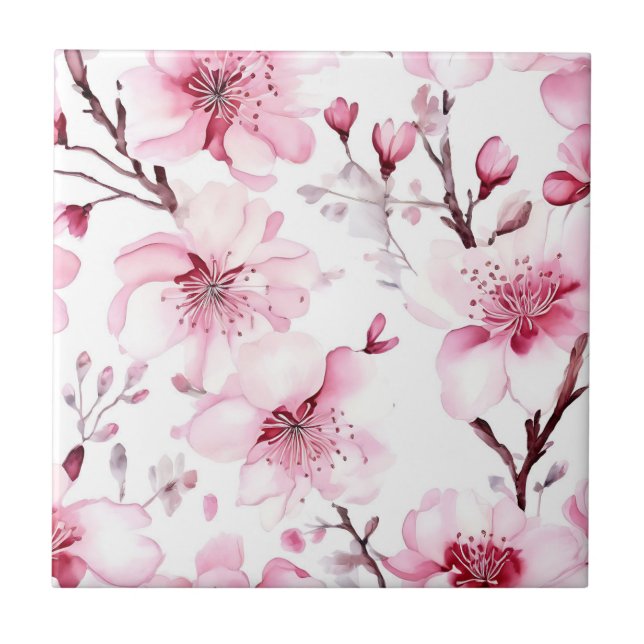 Azulejo Patrón de acuarela elegante con flores de cerezo (Frente)