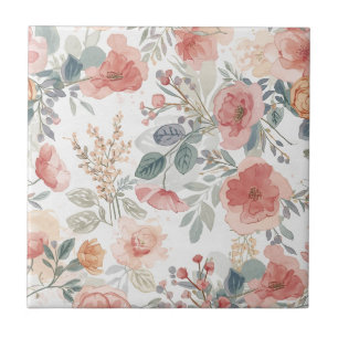 Azulejo Patrón de Acuarela Floral Jardín Coral Rubor