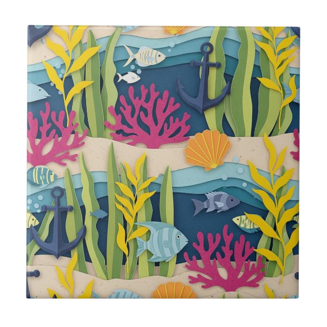 Azulejo Patrón de Acuarela Náutica Retro (10) (Frente)