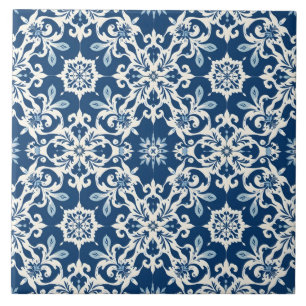 Azulejo Patrón de adorno boho en blanco-azul vintage