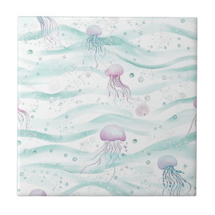Azulejo Patrón de agua soñadora con medusas de acuarela en