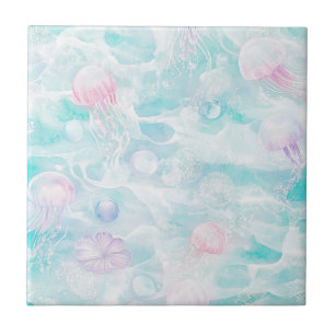 Azulejo Patrón de agua soñadora con medusas de acuarela en
