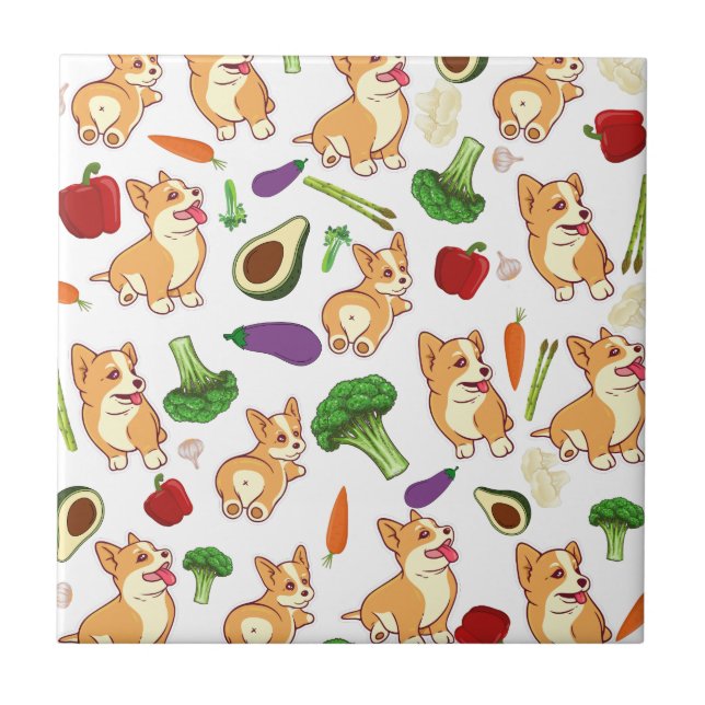 Azulejo Patrón de alimentos de corgi y verduras (Frente)