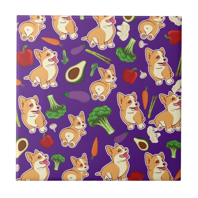 Azulejo Patrón de alimentos de corgi y verduras (Frente)