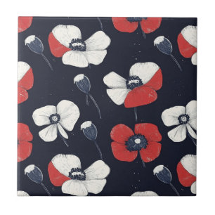 Azulejo Patrón de amapola blanca con acentos rojo y azul