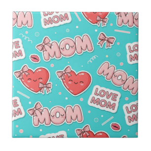 Azulejo Patrón de amor de mamá Pop Art en turquesa