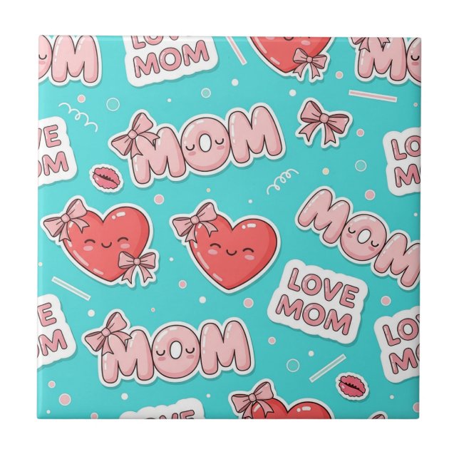 Azulejo Patrón de amor de mamá Pop Art en turquesa (Frente)