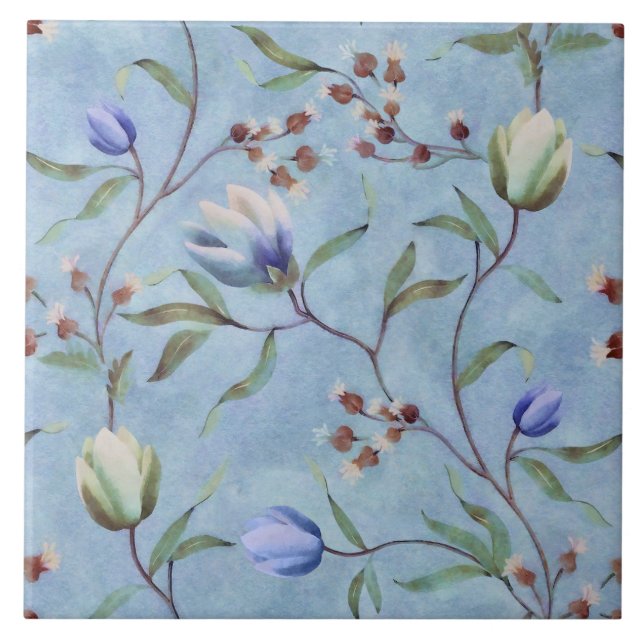 Azulejo Patrón de anémones de tulipanes azules y blancos  (Frente)