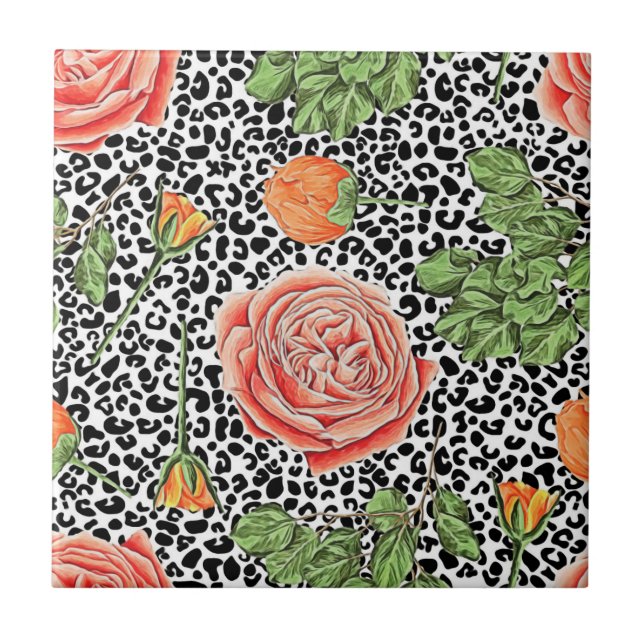 Azulejo Patrón de animales florales de Naranja Leopard Spo (Frente)