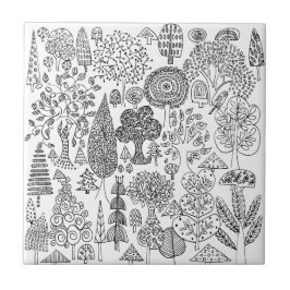 Azulejo Patrón de árbol caprichoso moderno en blanco y neg