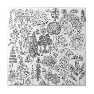 Azulejo Patrón de árbol caprichoso moderno en blanco y neg