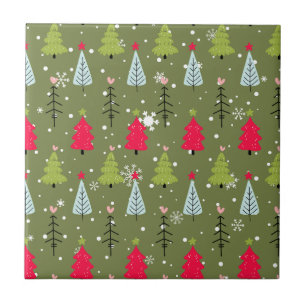 Azulejo Patrón de árbol de Navidad caprichoso en verde oli
