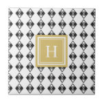 Azulejo Patrón de arlequín blanco negro dorado monograma<br><div class="desc">Patrón de arlequín blanco negro dorado monograma</div>
