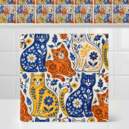 Azulejo Patrón de arte folclórico audaz de gatos grandes d