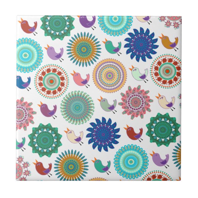 Azulejo Patrón de arte folclórico canto Bird and Mandala (Frente)