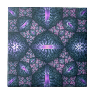 Azulejo Patrón de arte fractal 3D turquesa púrpura rosa
