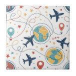 Azulejo Patrón de aviación de viaje global (1)<br><div class="desc">Baldosa cerámica de patrón continuo vibrante que presenta aviones,  globos,  rutas de vuelo,  estrellas e iconos inspirados en viajes en un estilo de aviación juguetón. Ideal para viajeros,  entusiastas de la aviación,  viajeros frecuentes y cualquiera que ame la estética de la aventura global.</div>