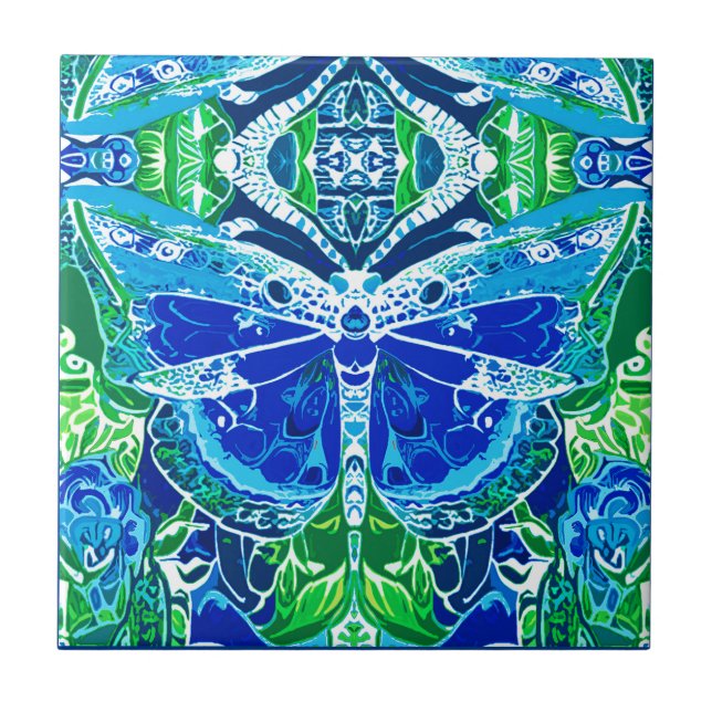 Azulejo Patrón de batik de mariposa y medallón en azul (Frente)