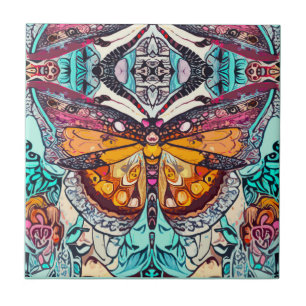 Azulejo Patrón de batik de mariposa y medallón en Naranja