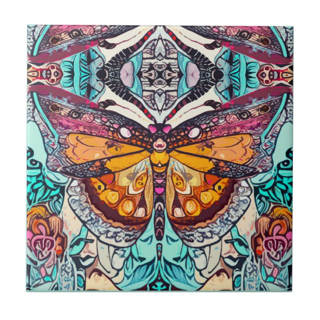 Azulejo Patrón de batik de mariposa y medallón en Naranja (Frente)